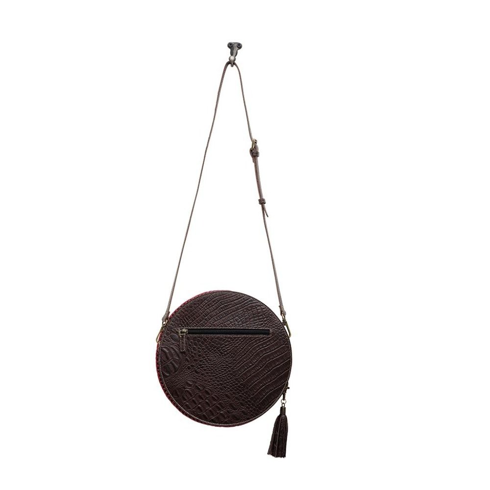 Myra Bag Handmade Coffee Round Bag Upcycled Canvas & Cowhide Leather - Picture 5 of 7